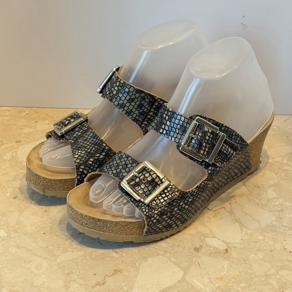 Mephisto Womens Lenia Cork Wedges Sandals Leather Snakeskin Buckle Size 38 US 8